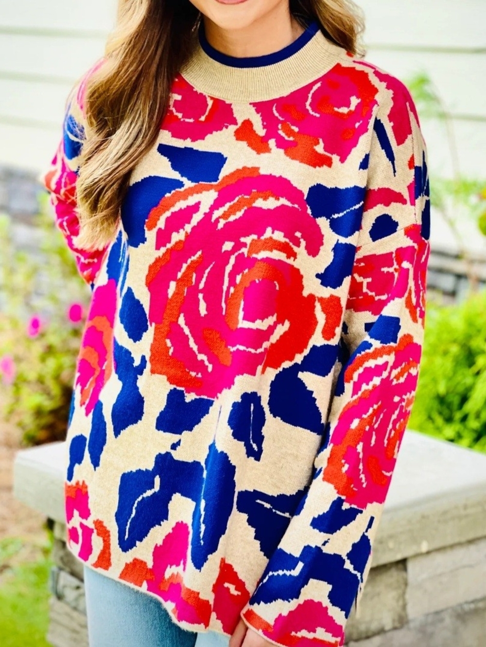 Jodifl Women’s Bright Floral Cozy Oversized Sweater W/Side Slits; Size S